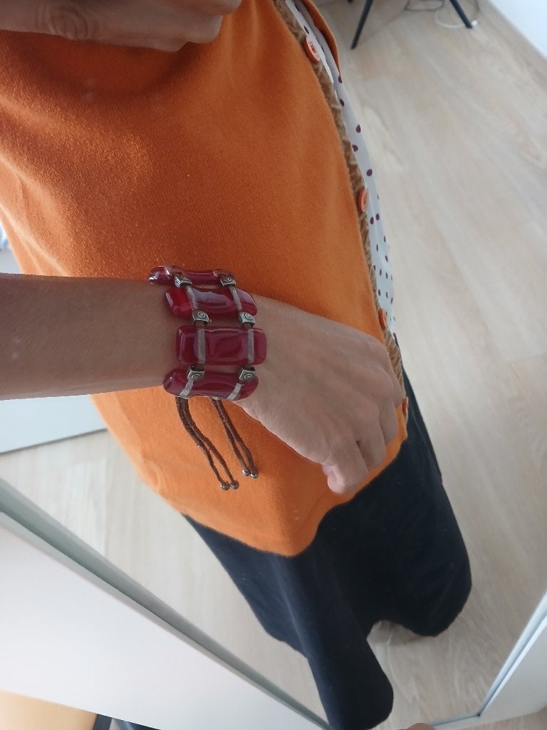 Bracelet en verre avec lanières en cuir, Enlèvement ou Envoi, Neuf, Bleu, Cuir