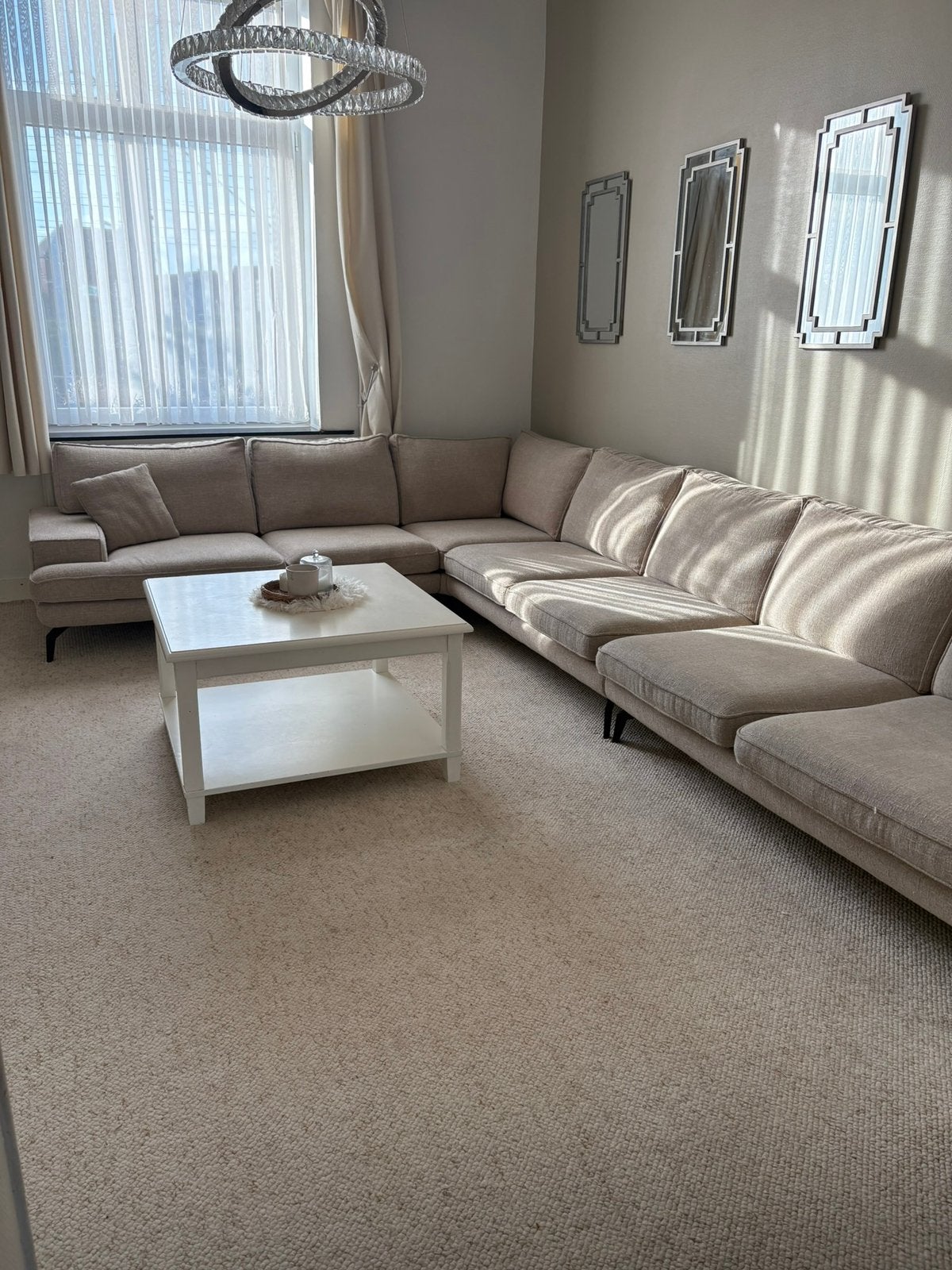 beige stoffen hoekbank — Zeer goede staat, Huis en Inrichting, Ophalen, Zo goed als nieuw
