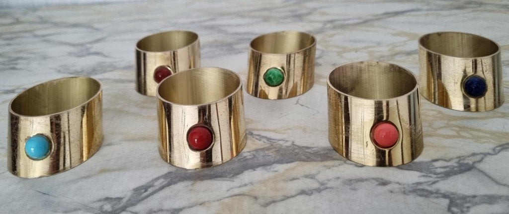 6 Vintage metalen servetringen met steentje, Antiek en Kunst, Ophalen of Verzenden