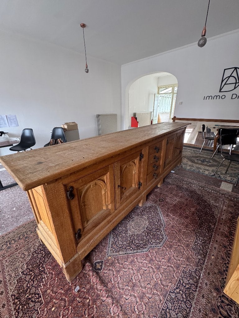 3. Grote vintage houten dressoirkast met bijpassende spiegel, Ophalen, Gebruikt, Met lade(s), Eikenhout