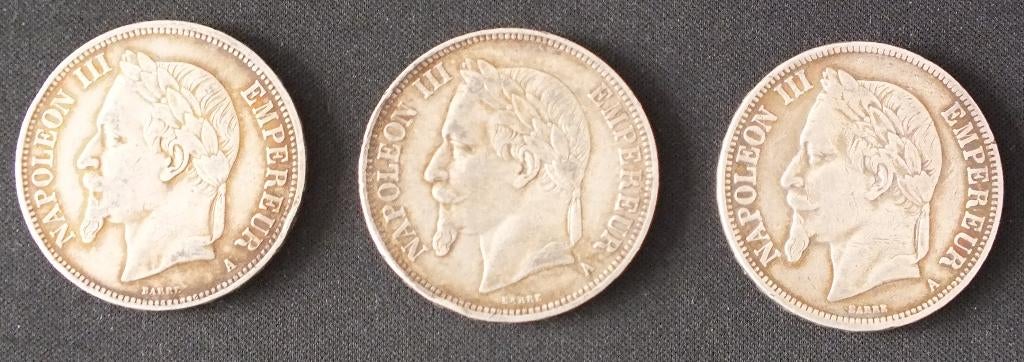 3x Zilveren 5 Fr Napoleon III – Topdeal, Ophalen of Verzenden, Frankrijk, Setje, Zilver