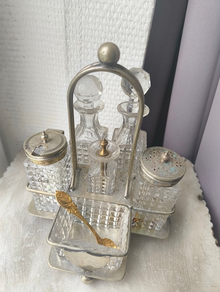 Prachtige Antieke Verzilverde Menageset (Cruet Set), Ophalen, Zilver