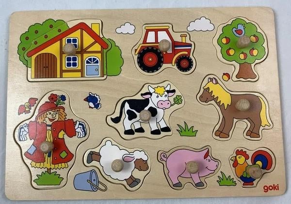 Goki Houten Inlegpuzzel Boerderij 8 Delen Peuterpuzzel hout, Verzenden, Minder dan 500 stukjes, Zo goed als nieuw, Legpuzzel
