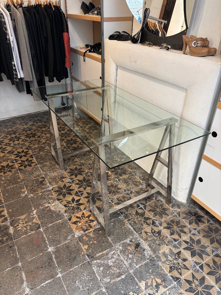 Glazen tafel op aluminium schragen, Ophalen, Gebruikt, 150 cm, Industrieel