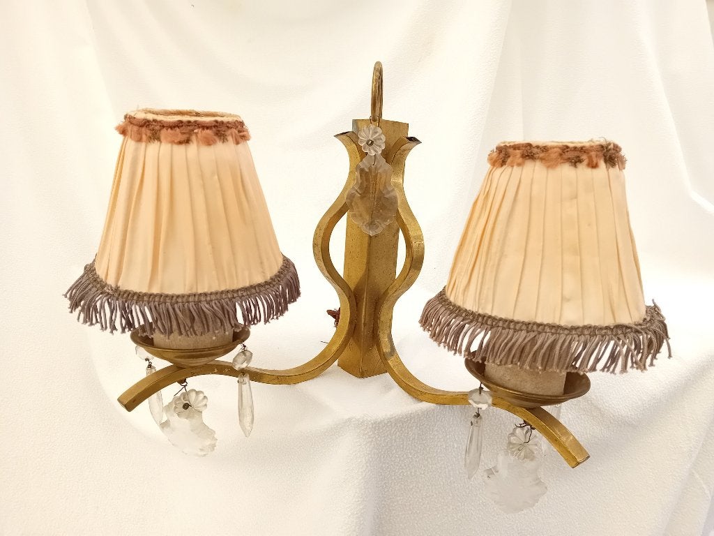 4 antieke wandlampen met lampenkapjes met franjes en glas, Antiek en Kunst, Ophalen of Verzenden