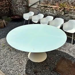 Ronde buitentafel, glazen blad en 6 stoelen, Ophalen, Gebruikt, 150 tot 200 cm, Rond
