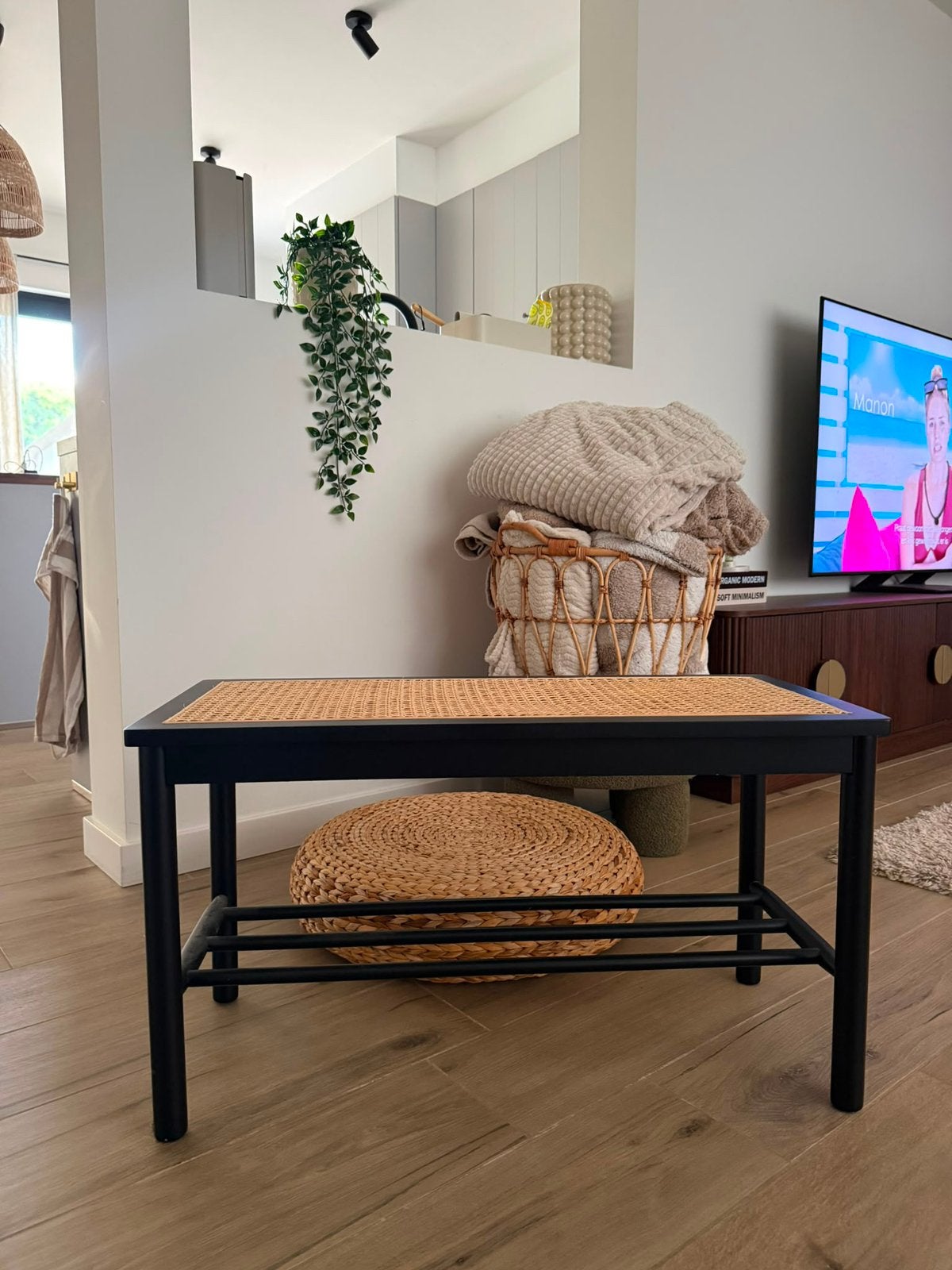 Halbankje zwart/rotan, Huis en Inrichting, Ophalen, Zo goed als nieuw