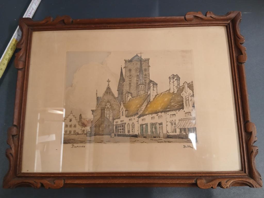 Ingekleurde ets van Veurne door Belin, Ophalen of Verzenden, Ets, Gesigneerd