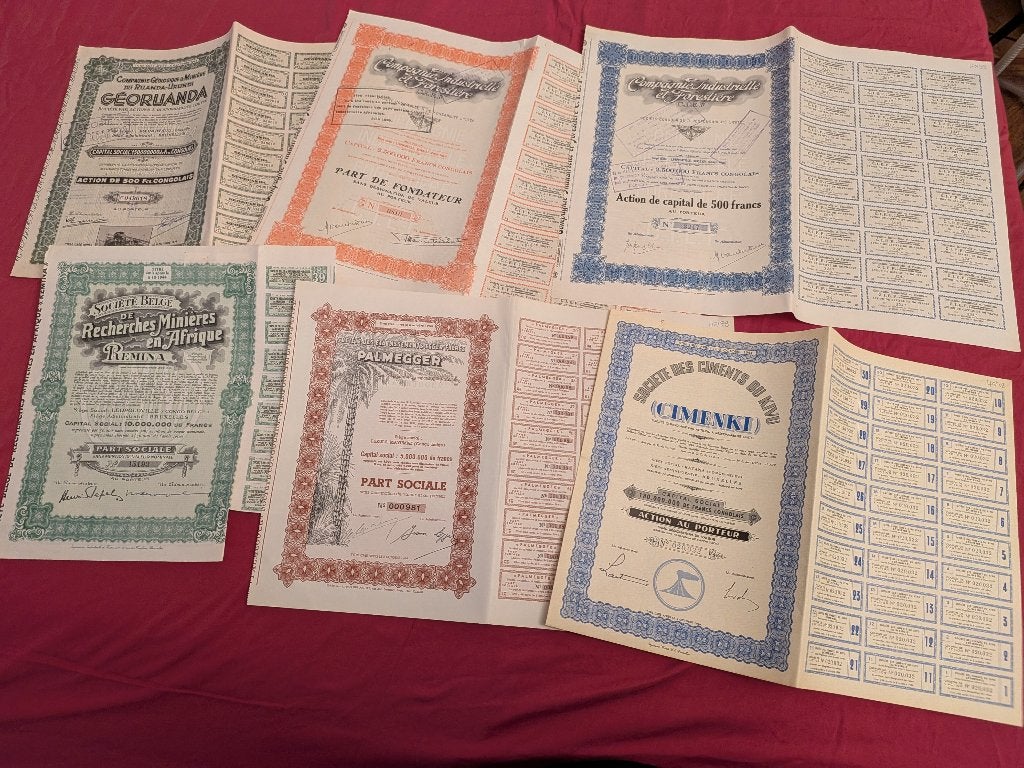 Set historische Belgische koloniale aandelen, 1920 - 1950., Postzegels en Munten, Ophalen of Verzenden, Setje