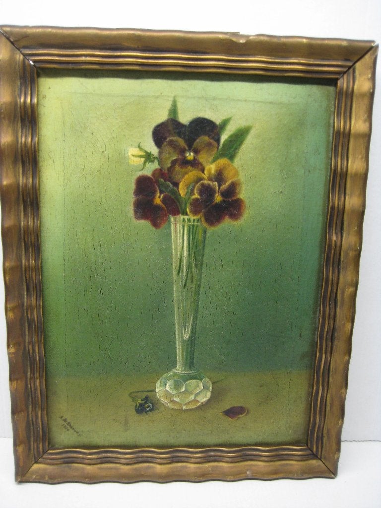 PEINTURE FLORALE ANCIENNE, Enlèvement ou Envoi, Peinture à l'huile, Daté, Fleurs