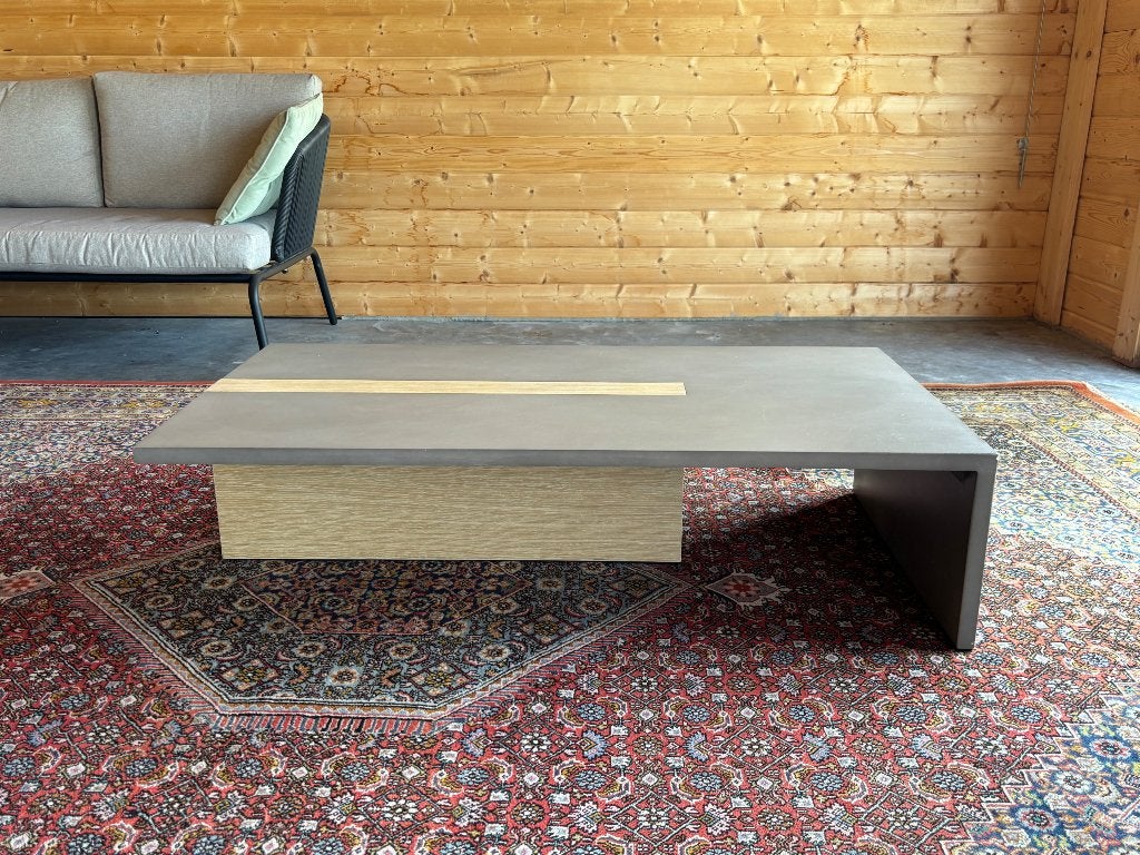 Salontafel met eiken voet en betonnen blad, Ophalen, Gebruikt, 100 tot 150 cm, Industrieel / modern / strak