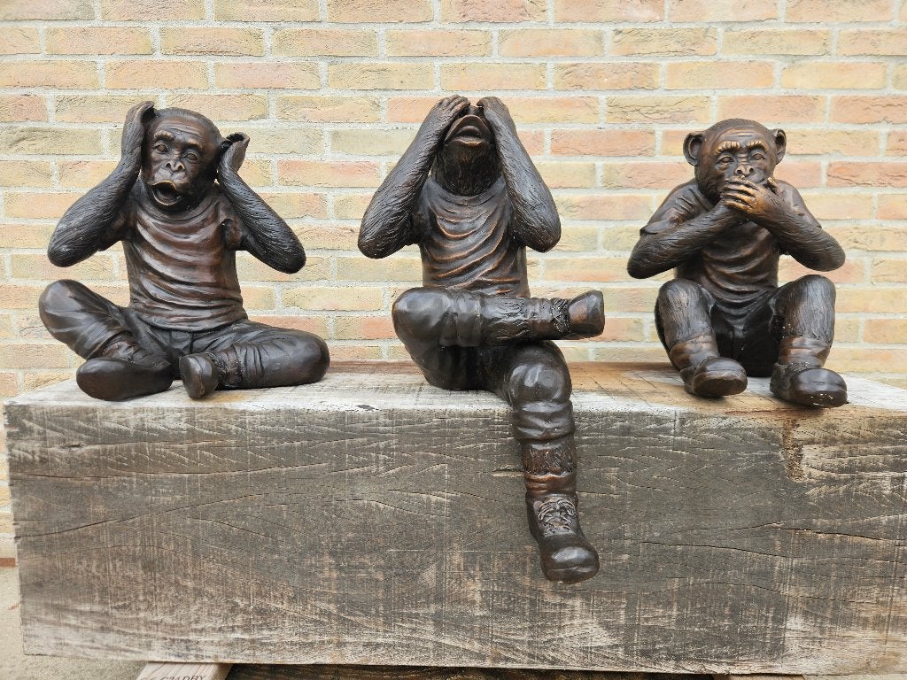 3 BRONZEN AAPJES AAN SPOTPRIJS SAMEN MET DE AZOBE BANK !!!, Ophalen of Verzenden, Nieuw, Overige materialen, Dierenbeeld