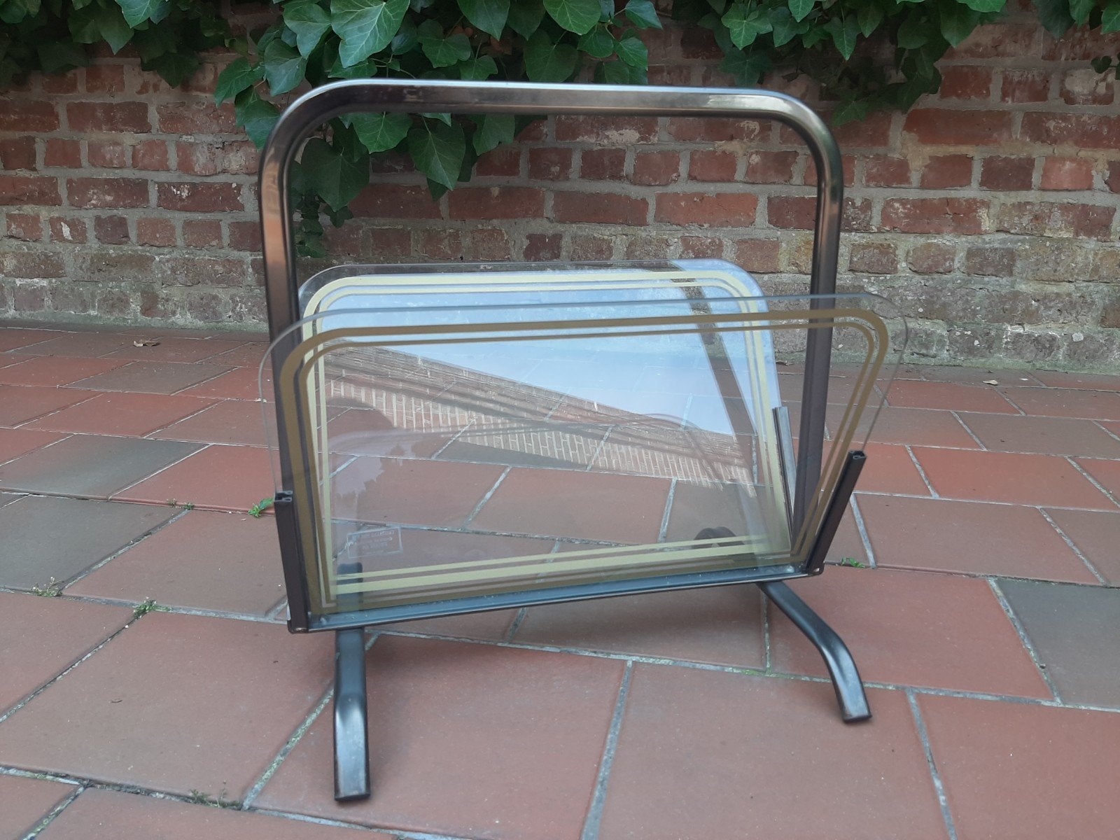 Vintage krantenhouder in ijzer en glas, Antiek en Kunst, Ophalen
