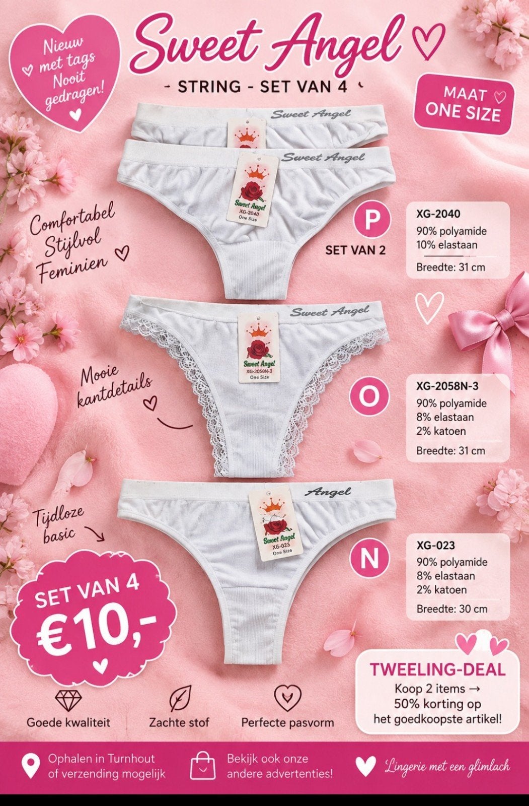 Sweet Angel 4x NIEUWE Strings - One Size, Kleding | Dames, Sweet Angel, Ophalen of Verzenden, Wit, String