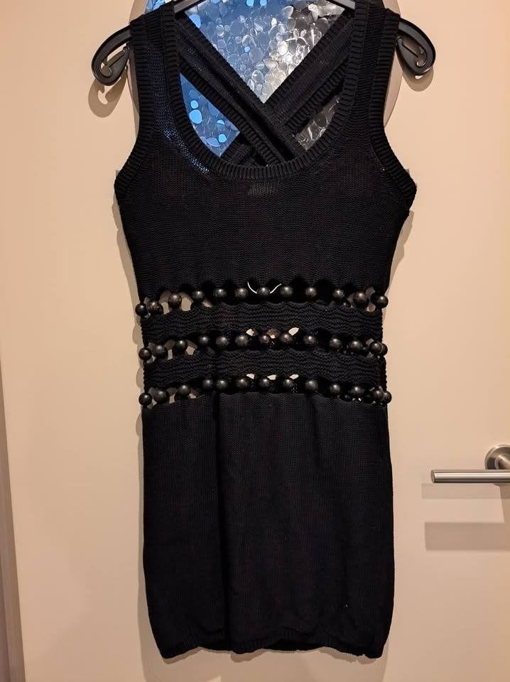 Sonia Rykiel, jurk met kralen en gaatjes 100% katoen, M/L, Maat 38/40 (M), Zwart, Ophalen of Verzenden, Zo goed als nieuw