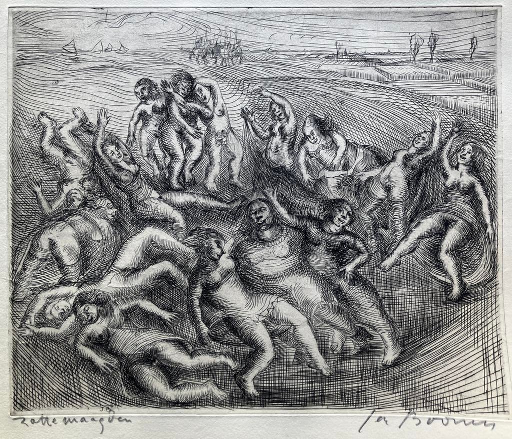 Ets Jacques Boonen (1911-1968) Zotte maagden, Antiek en Kunst, Ophalen, Ets