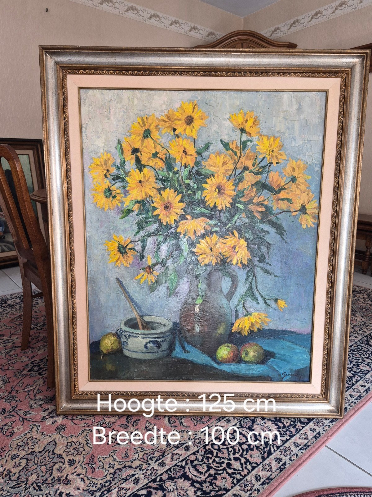 Groot impressionistisch bloemstilleven (Zonnebloemen) – Grim, Ophalen, Impressionistisch, Gesigneerd, Olieverf