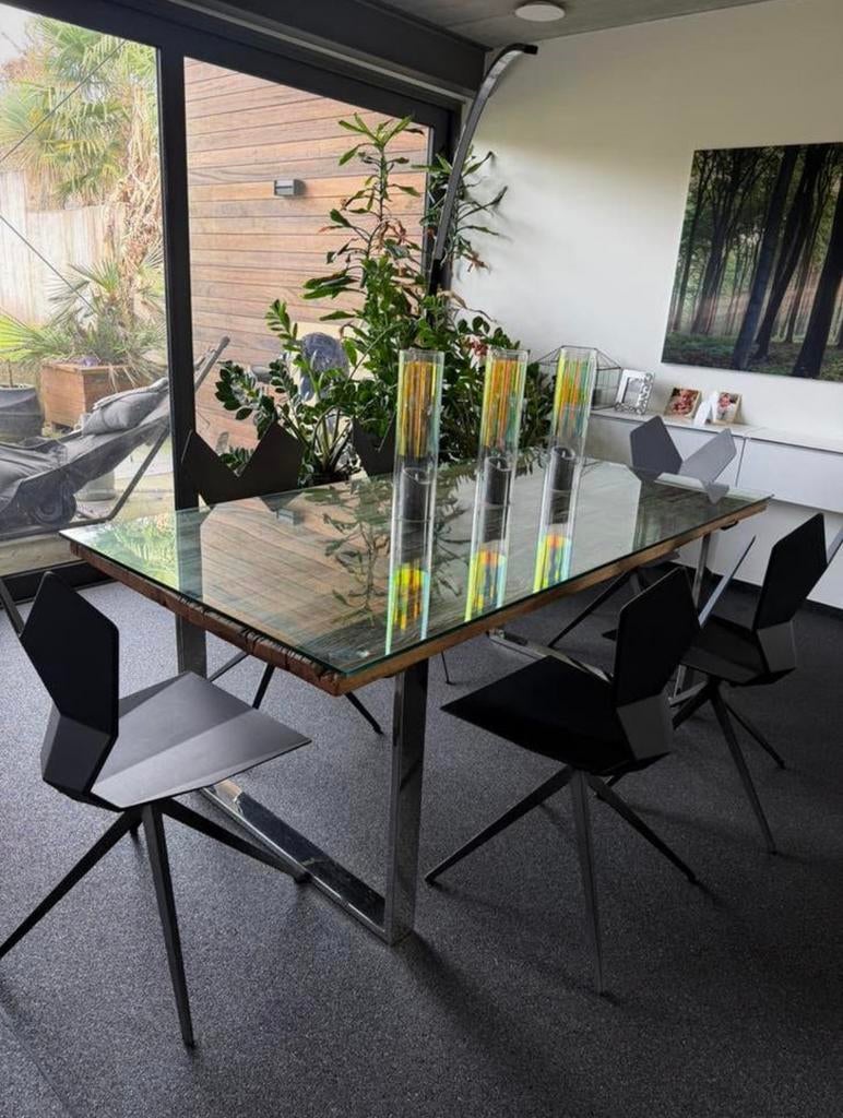 Design ruw houten eettafel, Huis en Inrichting, Tafels | Eettafels, Zo goed als nieuw, Glas, Ophalen