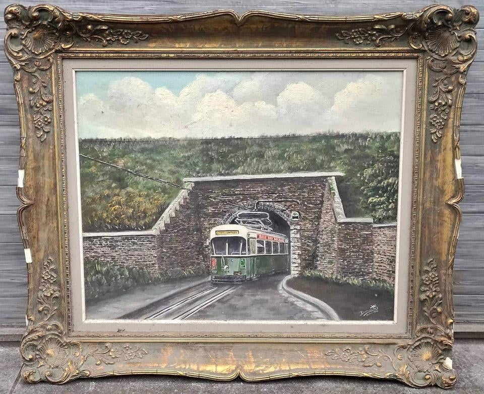 Huile sur toile tram de Jumet signe, Antiquités & Art, Art | Peinture | Classique, Enlèvement ou Envoi