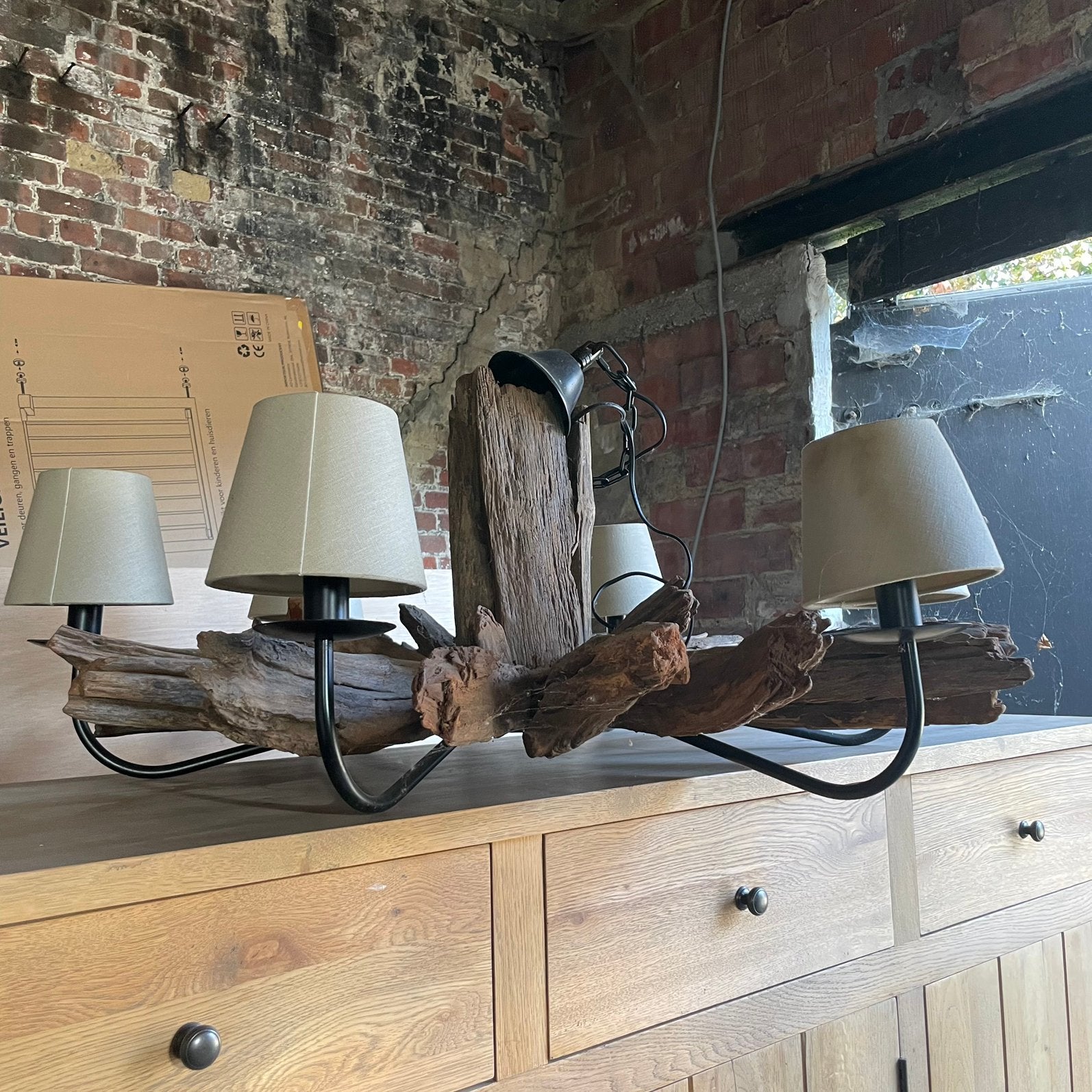 Luster, Huis en Inrichting, Lampen | Kroonluchters, Ophalen, Gebruikt, Hout, Rustiek landelijk