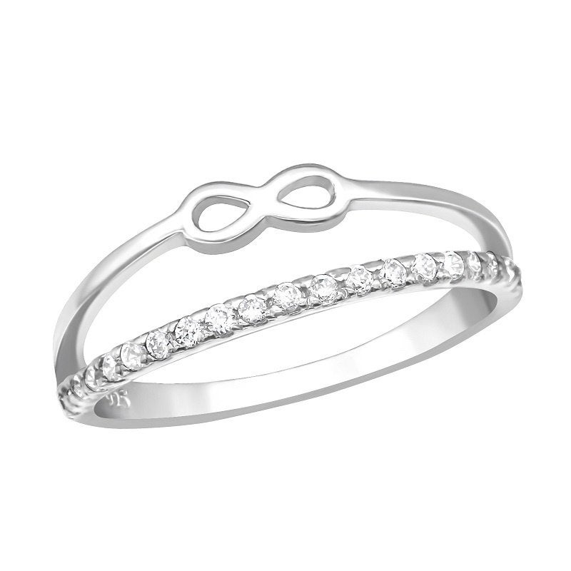 Bague double en argent pour femme avec infini et zircones, Neuf, Enlèvement ou Envoi, 18 à 19, Argent