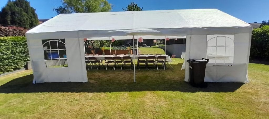 Partytent te huur 4x8m + stoelen en tafels optioneel, Ophalen, Partytent, 2 meter of meer, Zo goed als nieuw
