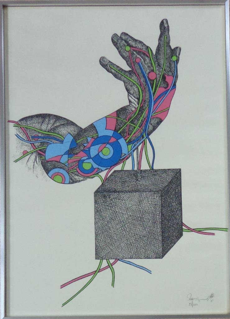 PAUL VAN HOEYDONCK / ROBOTHAND / KLEURLITHO / 71x51cm KADER, Enlèvement