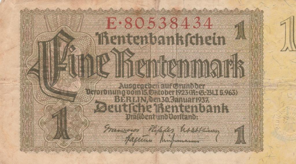 Eine Rentenmark Berlin januari 1937, Ophalen of Verzenden, Bankbiljetten