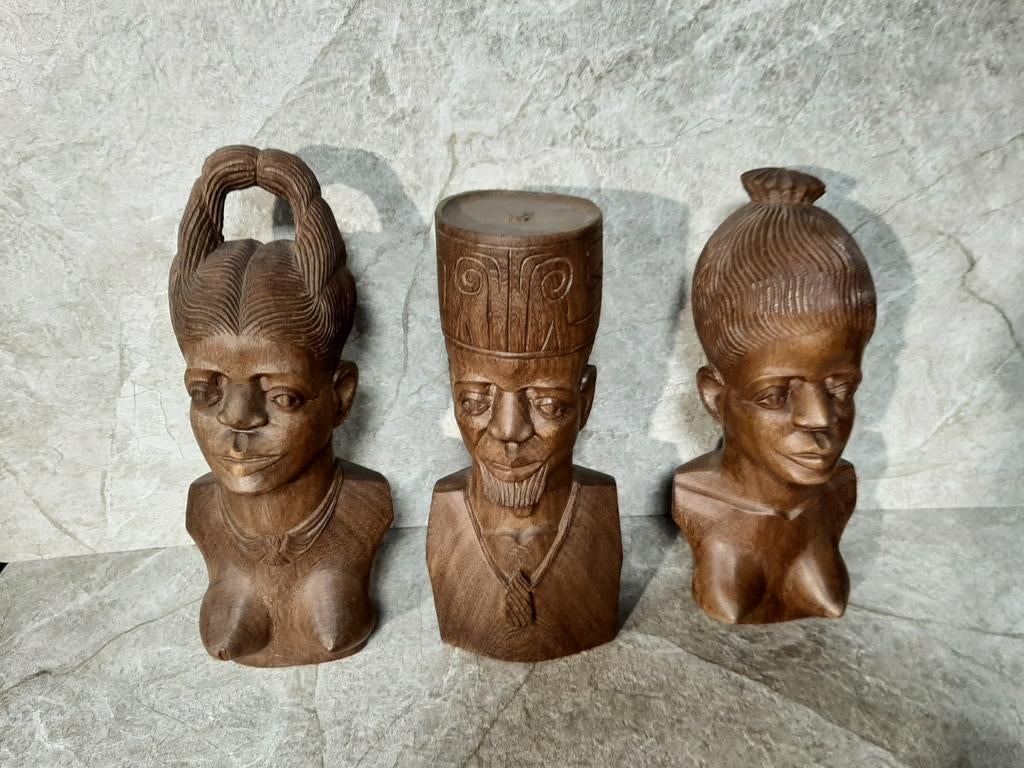 Bustes africains sculptés à la main style Muaka Boma 3 pièce, Enlèvement ou Envoi