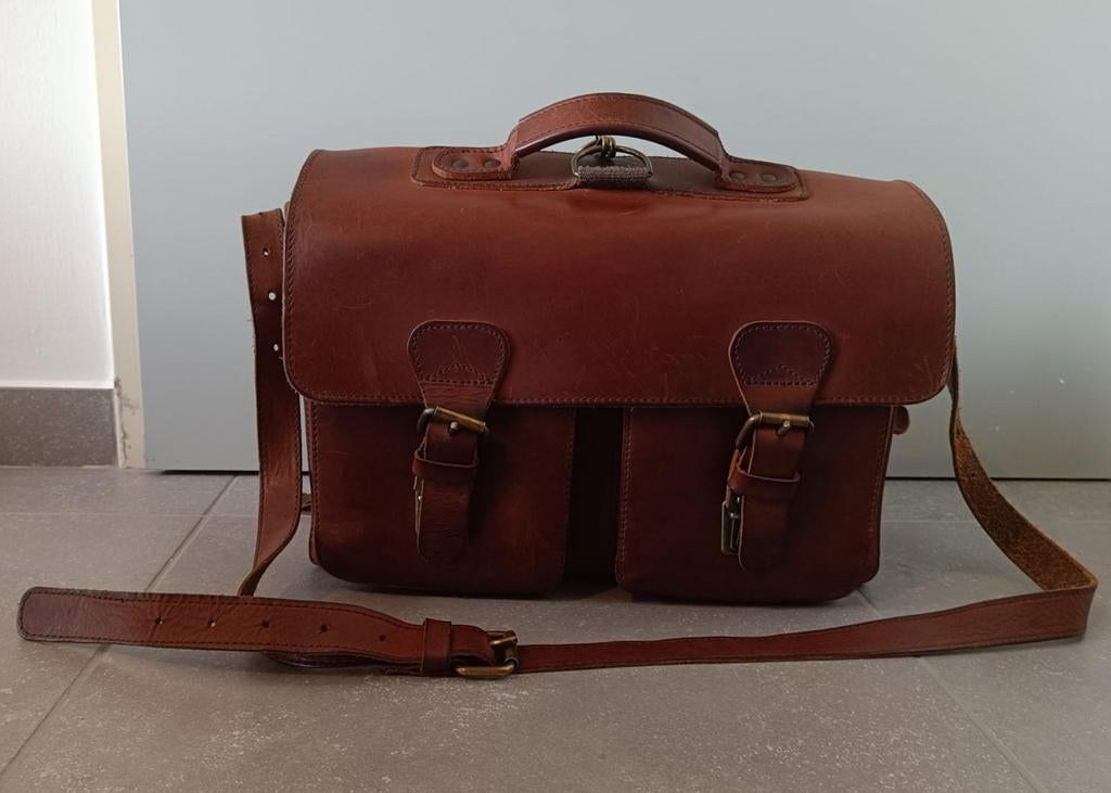 Ruitertas, vintage lederen schooltas, Ophalen, Gebruikt