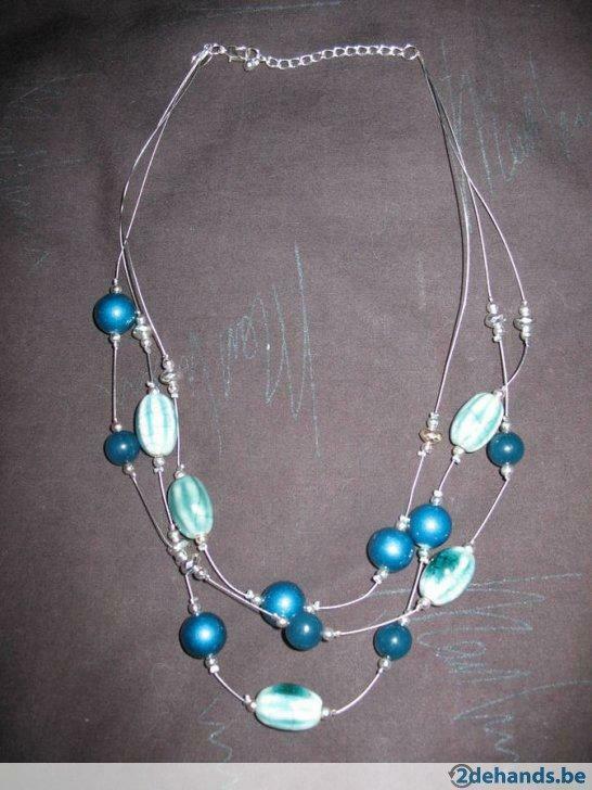 halssnoer met blauwe stenen & parels, Handtassen en Accessoires, Kettingen, Kunststof, Verstelbaar, Blauw, Nieuw
