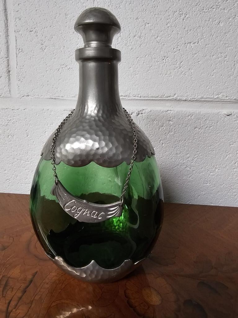 Vintage karaf van glas en tin, Antiek en Kunst, Ophalen