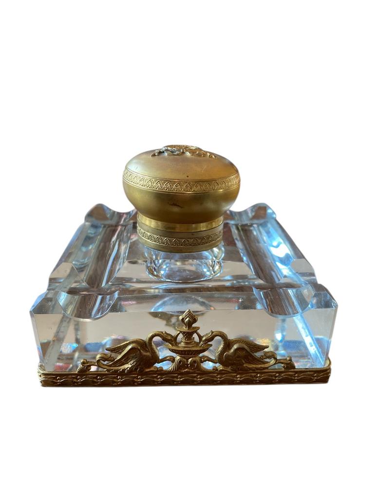 Encrier En Bronze Doré Et Cristal., Antiquités & Art, Enlèvement ou Envoi