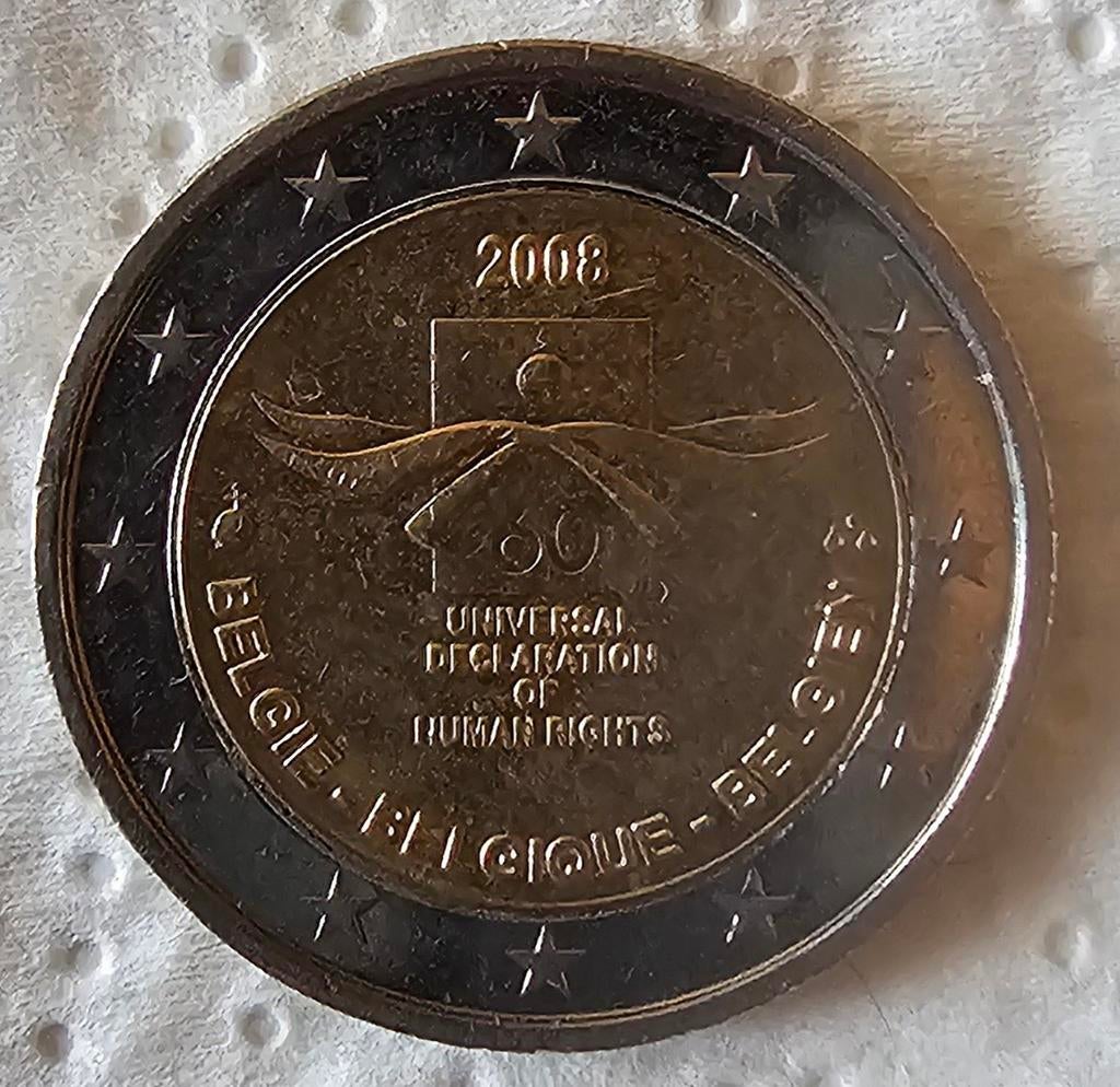 2 euro herdenkingsmunt 2008 belgië 60 jaar mensenrechten, Ophalen of Verzenden, België, 2 euro, Losse munt