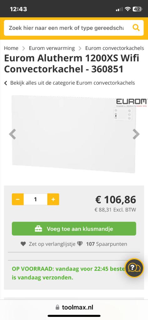 Bijverwarming radiator alutherm 1200xs WiFi, Ophalen of Verzenden, Nieuw, 800 watt of meer, Kachel