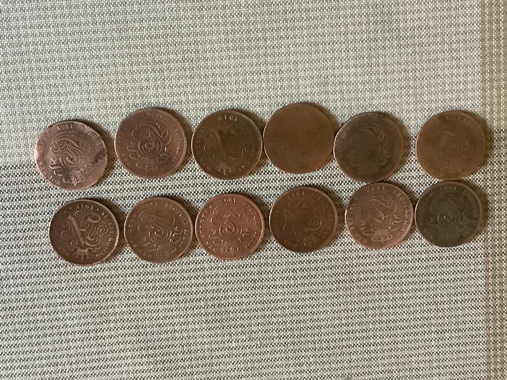 12 munten 2 centimes 1864-1919, Postzegels en Munten, Munten | België, Ophalen of Verzenden, Losse munt