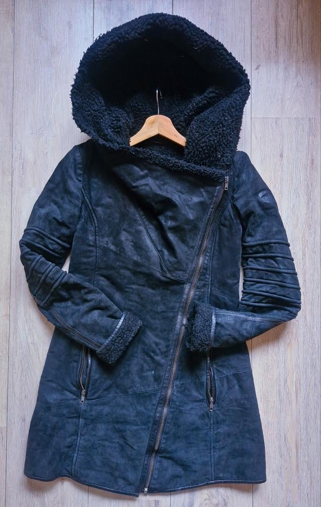 Lange zwarte Lederen winter jas met kap Rockandblue maat S, Kleding | Dames, Ophalen of Verzenden, Maat 36 (S)