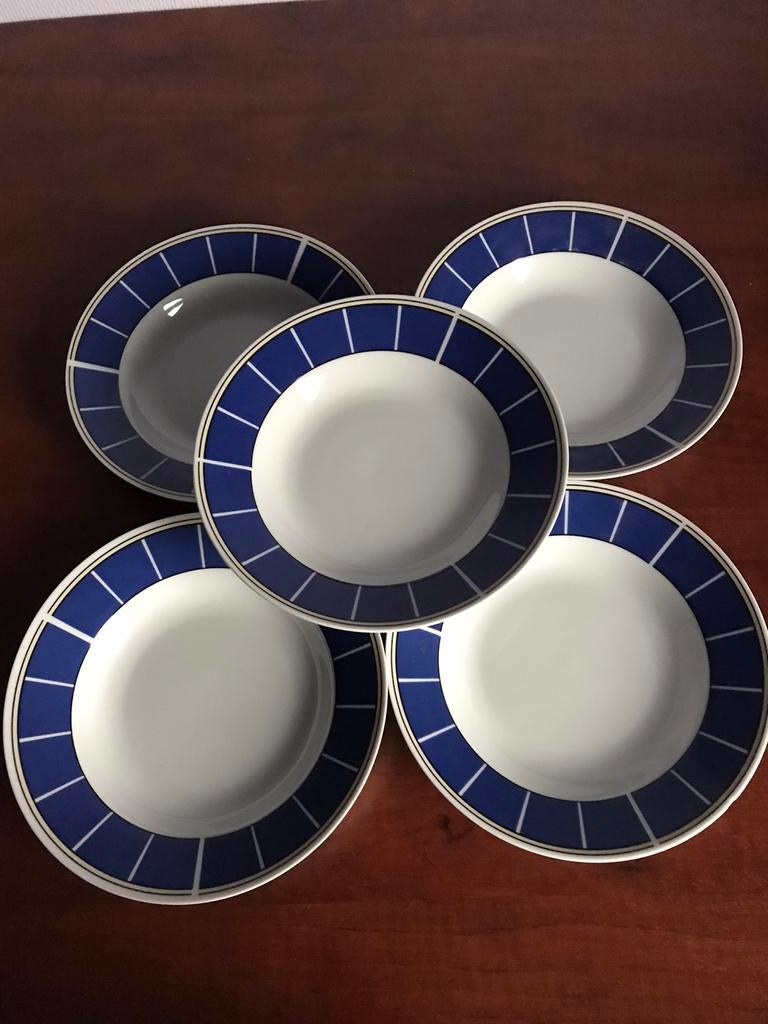 5 Diepe borden met blauwe rand, Enlèvement ou Envoi, Comme neuf, Assiettes(s)