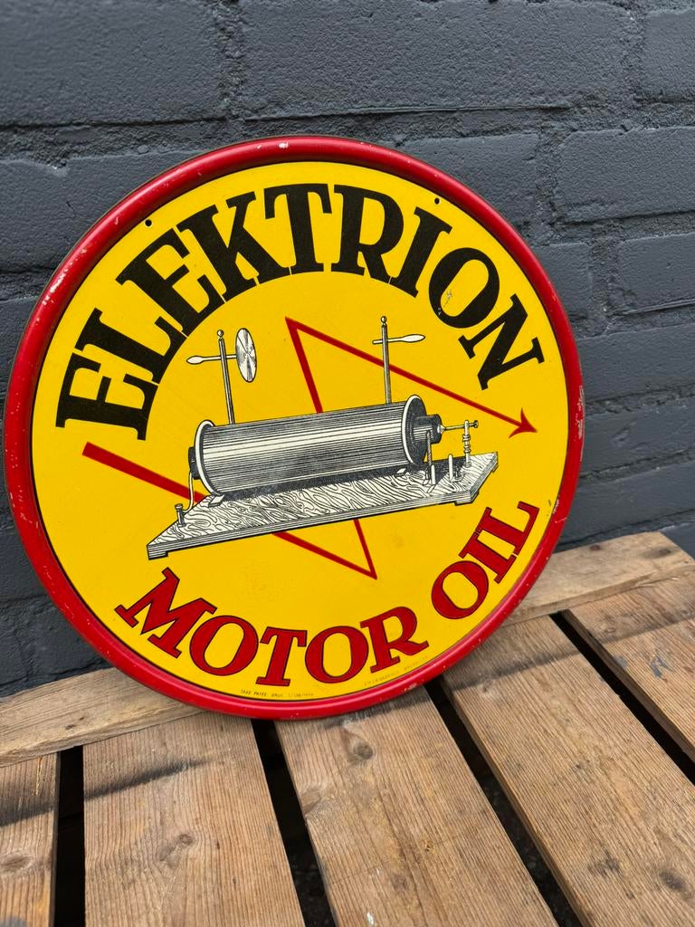 Elektrion motor olie oud reclamebord, Verzamelen, Ophalen of Verzenden, Gebruikt, Reclamebord