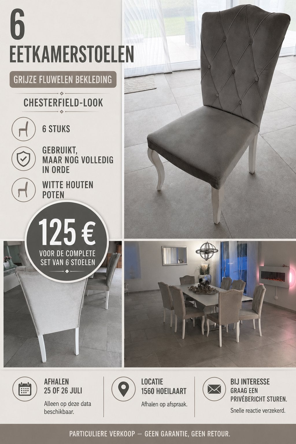 6 CHAISES DE SALLE À MANGER AVEC REVÊTEMENT EN VELOURS GRIS, Maison & Meubles, Chaises, Utilisé, Cinq, Six Chaises ou plus, Tissus