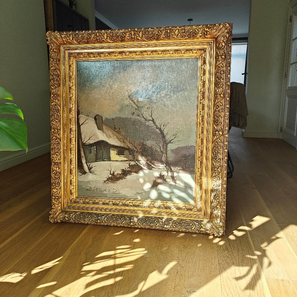 Klassiek schilderij winterlandschap in vergulde lijst 113cm, Enlèvement, Classique, Cadre spécial, Paysage
