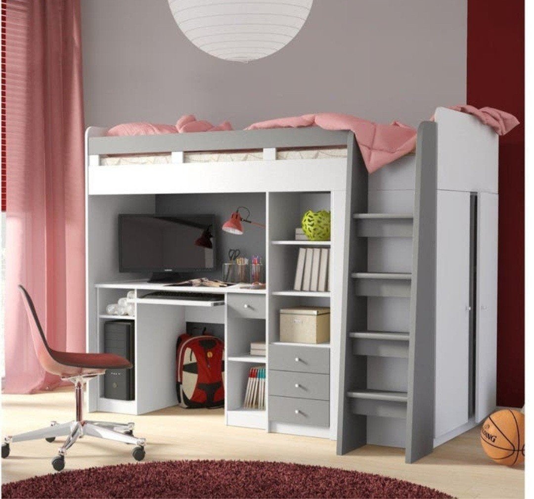 Hoogslaper met bureau, kast en lades -Wit/Grijs, Enfants & Bébés, Enlèvement, Lit mezzanine