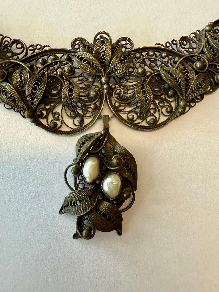 Antiek filigraan collier met hanger en parels, Ophalen, Ketting