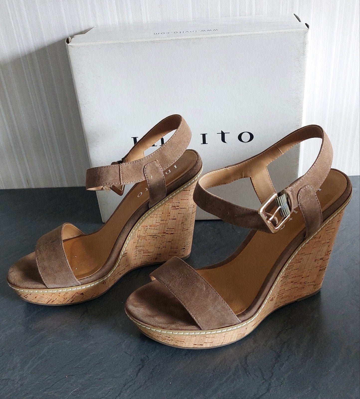 Kaki/taupe sandaal, sleehak, kurk, maat 40, Ophalen