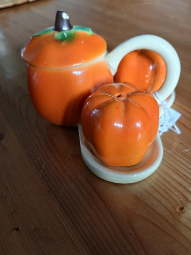 Vintage pompoenset zout, peper, mosterd, Ophalen of Verzenden