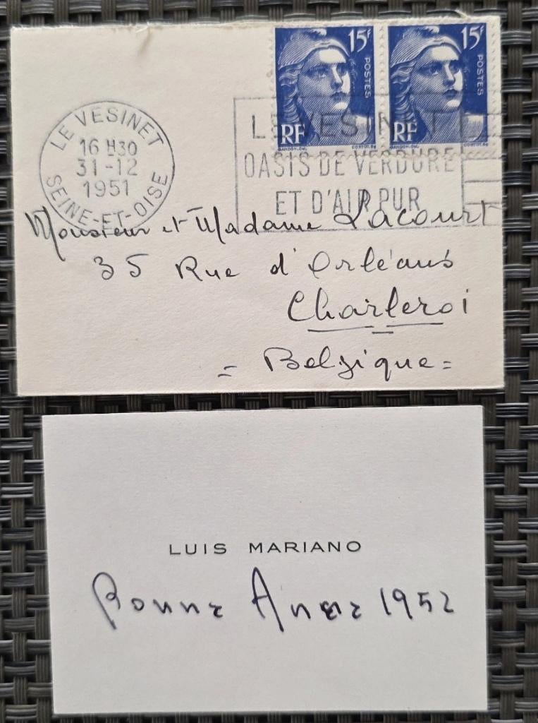 Luis Mariano+Autographe+1952+Carte de viste+Mariano, Enlèvement ou Envoi, Comme neuf, Photo ou Carte, Signé