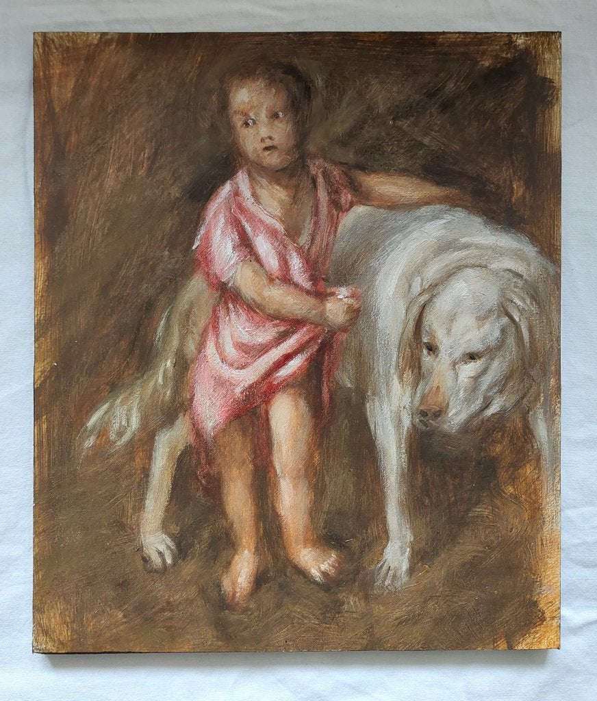 Titiaan - Jongen met Honden in een Landschap - Olieverf, Antiek en Kunst, Portret of Personen, Ophalen of Verzenden, Olieverf