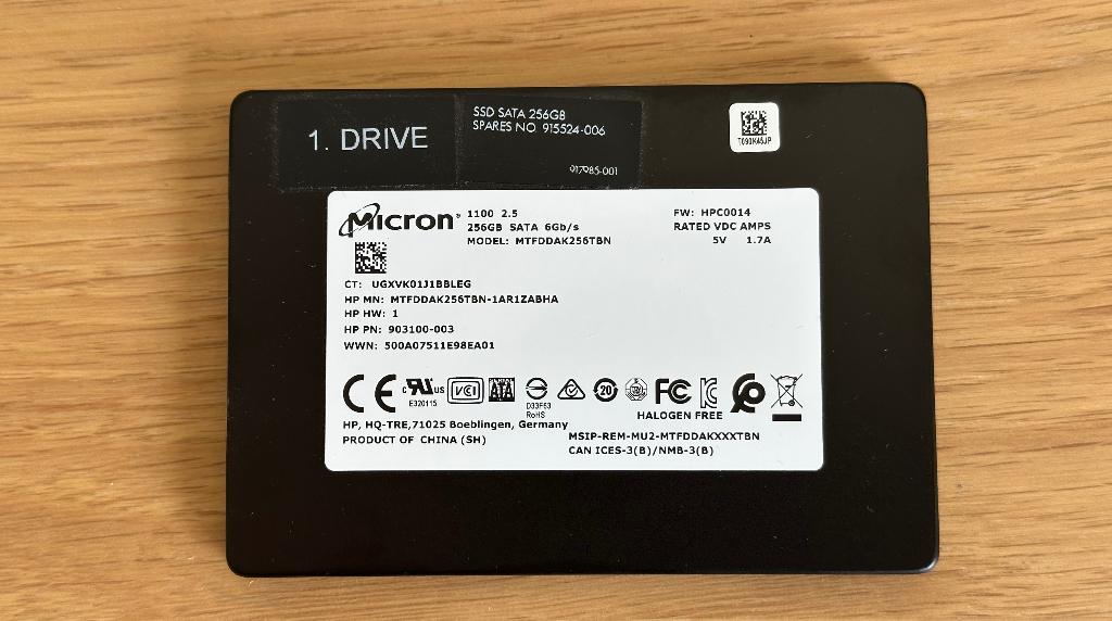 Disque SSD SATA Micron (Crucial/HP) 256GB, Ophalen, Intern, 256GB, Zo goed als nieuw