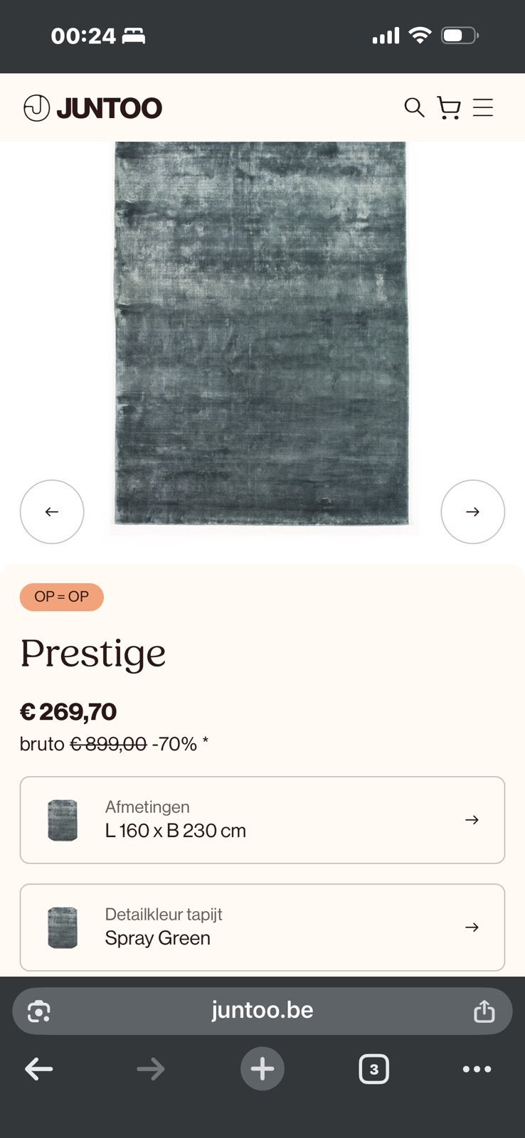Tapis vert gris Prestige 160 cm * 230 cm - état neuf, Maison & Meubles, Enlèvement
