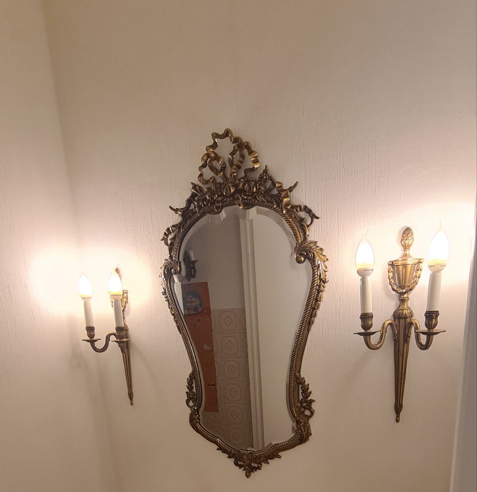 Prachtige Antieke Set: Massief Bronzen/Messing Kuifspiegel &, Ophalen, Gebruikt, Goud, Wandlamp